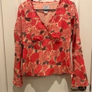 LOFT V-Neck Floral Blouse in Red and Pink